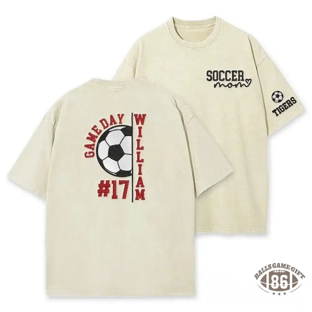 Embroidery Soccer Season Soccer Mom with Kids Name and Number Washed T-shirt Gifts for Sports Mom Dad