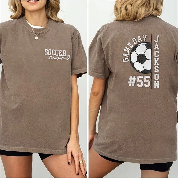 Embroidery Soccer Season Soccer Mom with Kids Name and Number Washed T-shirt Gifts for Sports Mom Dad