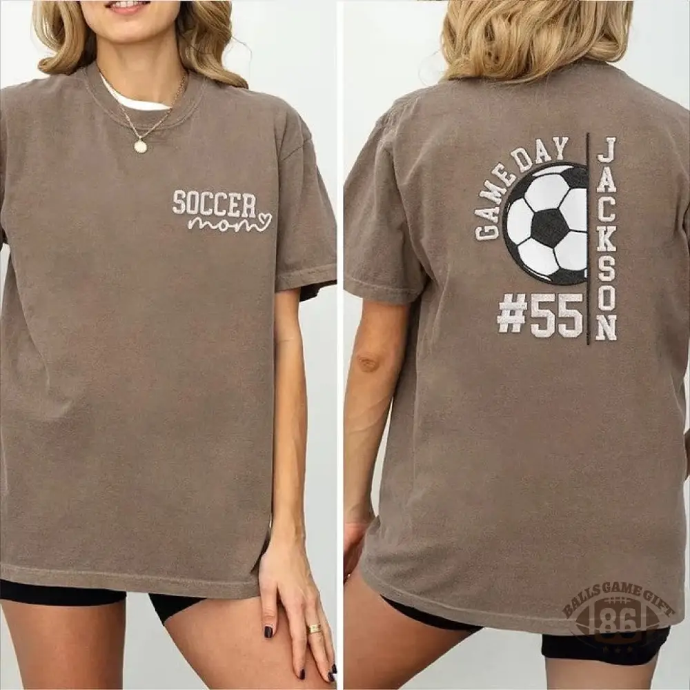 Embroidery Soccer Season Soccer Mom with Kids Name and Number Washed T-shirt Gifts for Sports Mom Dad