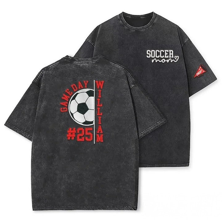 Embroidery Soccer Season Soccer Mom with Kids Name and Number Washed T-shirt Gifts for Sports Mom Dad