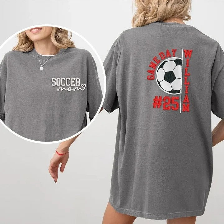 Embroidery Soccer Season Soccer Mom with Kids Name and Number Washed T-shirt Gifts for Sports Mom Dad