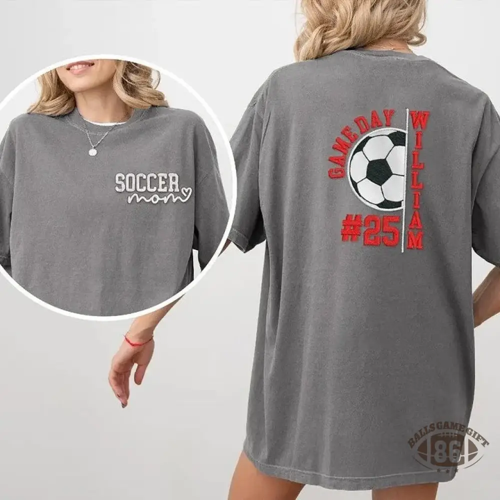 Embroidery Soccer Season Soccer Mom with Kids Name and Number Washed T-shirt Gifts for Sports Mom Dad