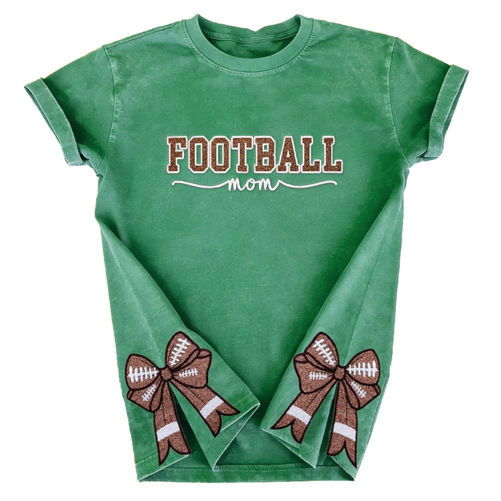 Glitter Embroidered Football Mom Proud Sport Mom Washed T-Shirt | Gifts for Sports Mom