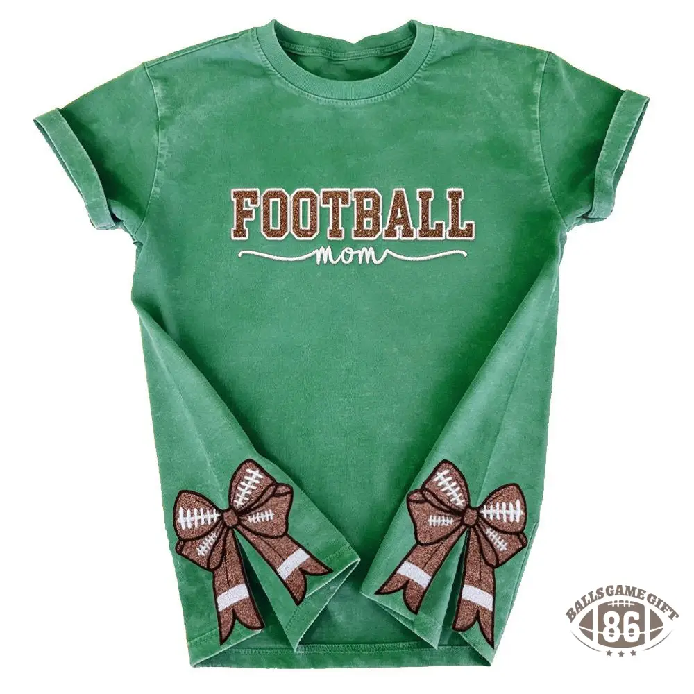 Glitter Embroidered Football Mom Proud Sport Mom Washed T-Shirt | Gifts for Sports Mom