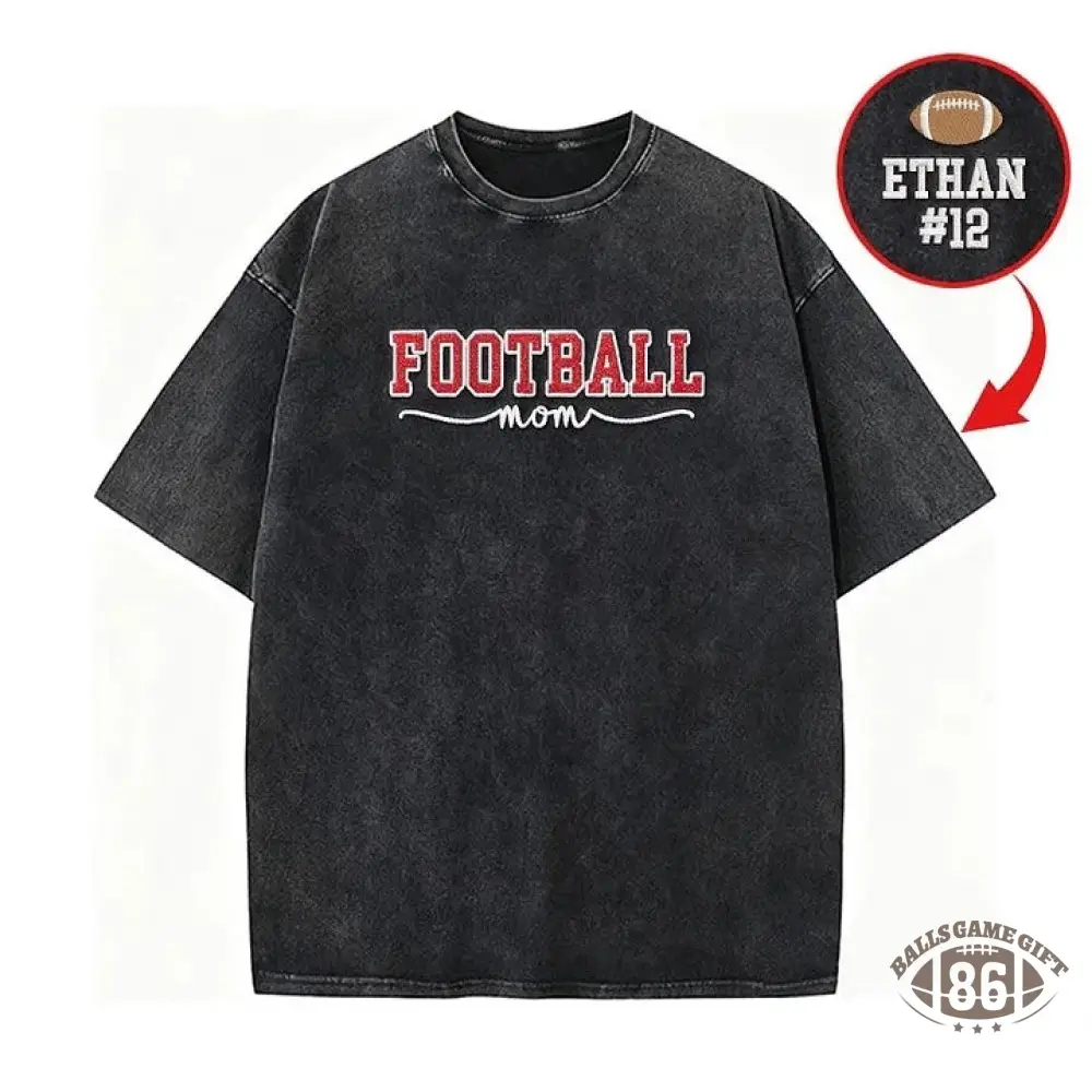 Glitter Embroidered Football Mom Proud Sport Mom Washed T-Shirt | Gifts for Sports Mom