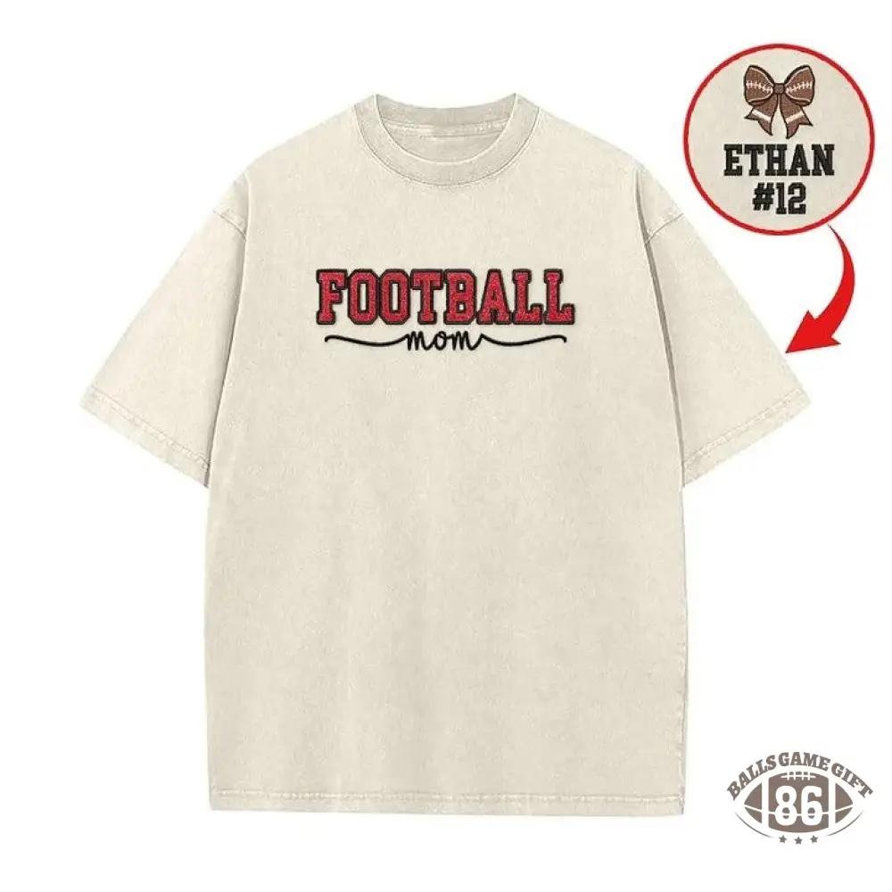 Glitter Embroidered Football Mom Proud Sport Mom Washed T-Shirt | Gifts for Sports Mom