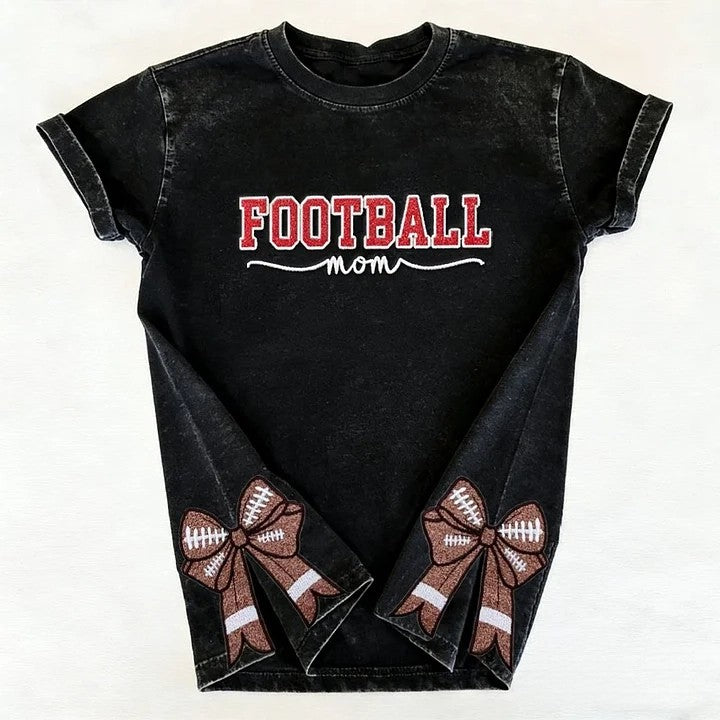 Glitter Embroidered Football Mom Proud Sport Mom Washed T-Shirt | Gifts for Sports Mom
