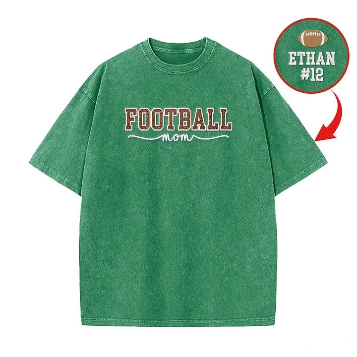 Glitter Embroidered Football Mom Proud Sport Mom Washed T-Shirt | Gifts for Sports Mom