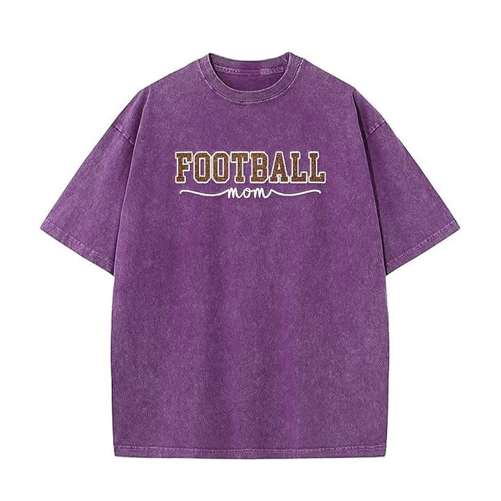 Glitter Embroidered Football Mom Proud Sport Mom Washed T-Shirt | Gifts for Sports Mom