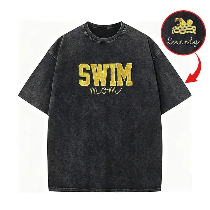 Custom Embroidered Swim Mom Washed T-Shirt Swim Mom Vintage Apparel