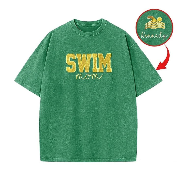 Custom Embroidered Swim Mom Washed T-Shirt Swim Mom Vintage Apparel