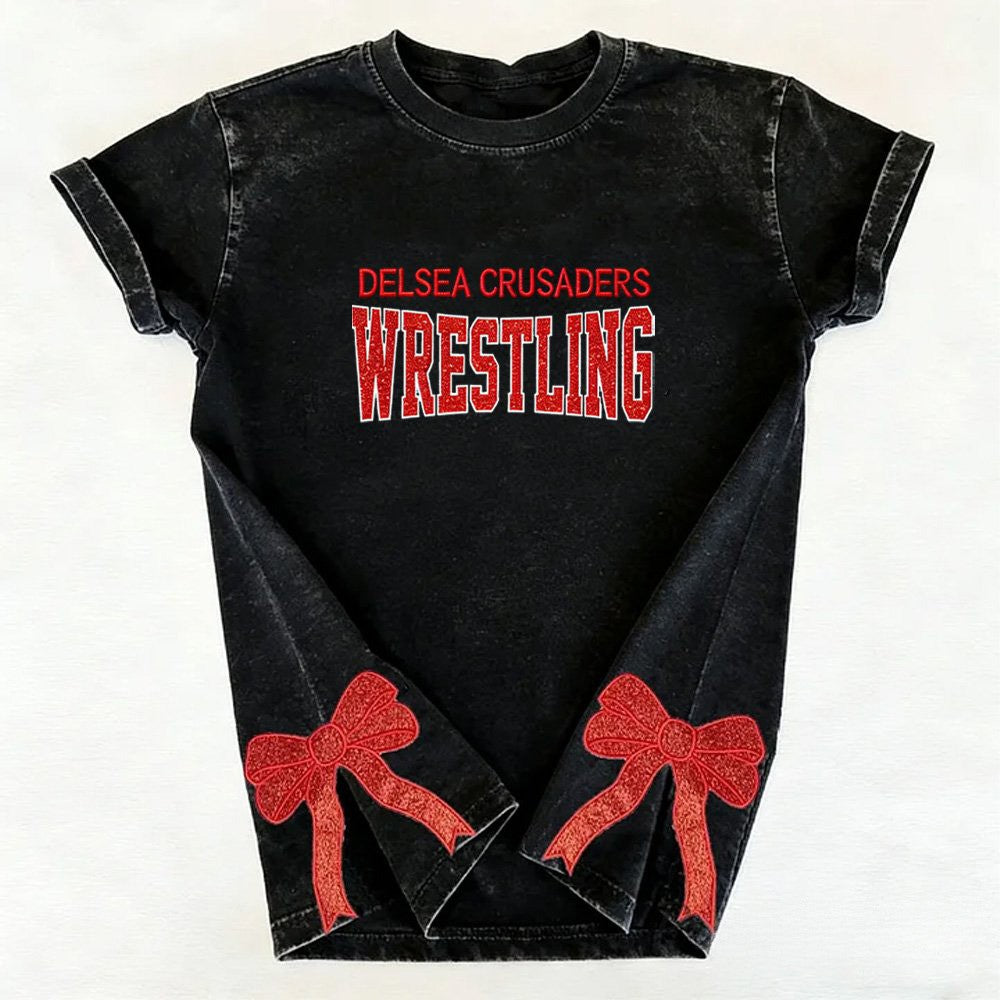 Custom Glitter Wrestling Distressed Sports Team T-shirt with Glitter Side Bow Detail