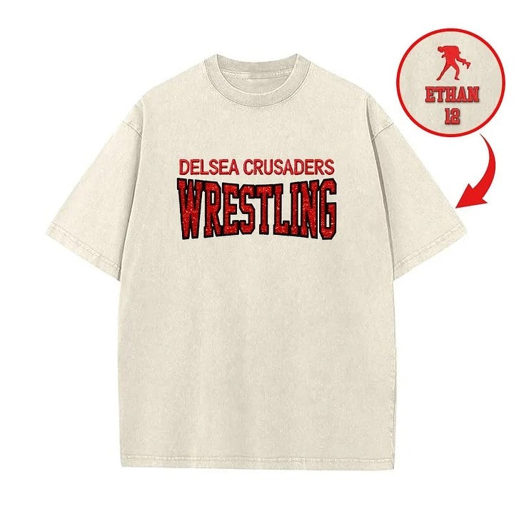 Custom Glitter Wrestling Distressed Sports Team T-shirt with Glitter Side Bow Detail