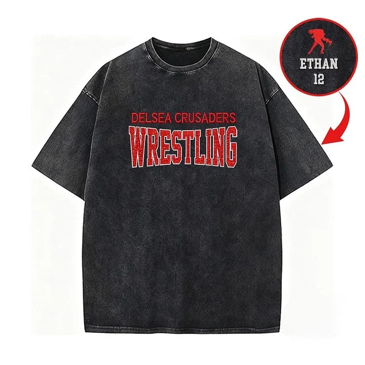 Custom Glitter Wrestling Distressed Sports Team T-shirt with Glitter Side Bow Detail