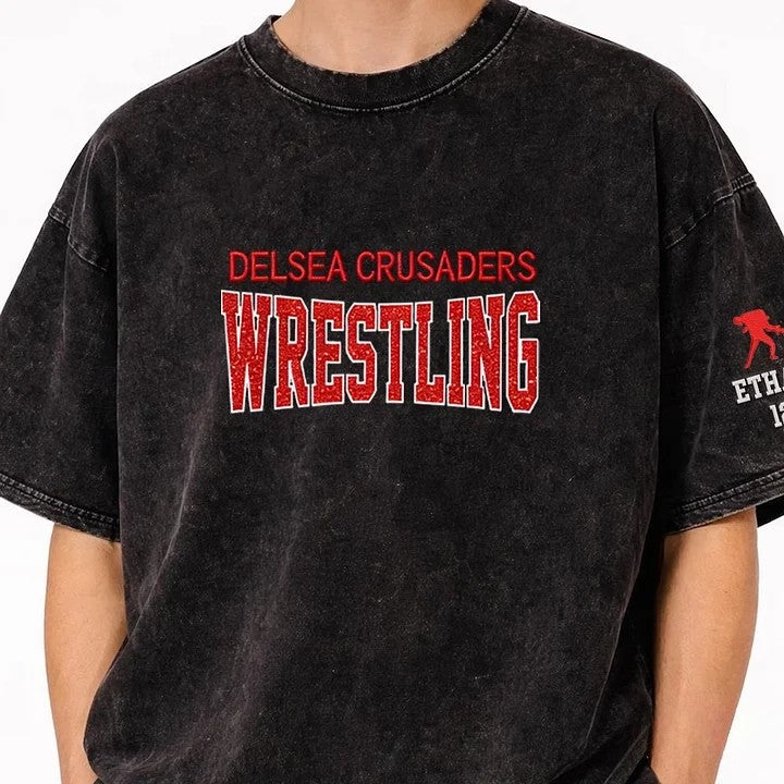 Custom Glitter Wrestling Distressed Sports Team T-shirt with Glitter Side Bow Detail