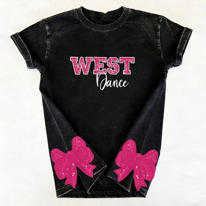 Custom Sequin Dance Distressed Sports Team T-shirt with Sequin Side Bow Detail