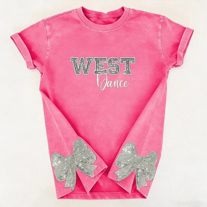 Custom Sequin Dance Distressed Sports Team T-shirt with Sequin Side Bow Detail