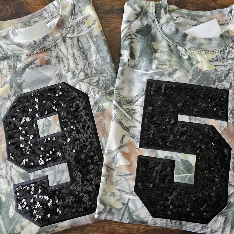 Custom Embroidered Sequin Number Camo T-shirt Sweatshirt and Hoodie