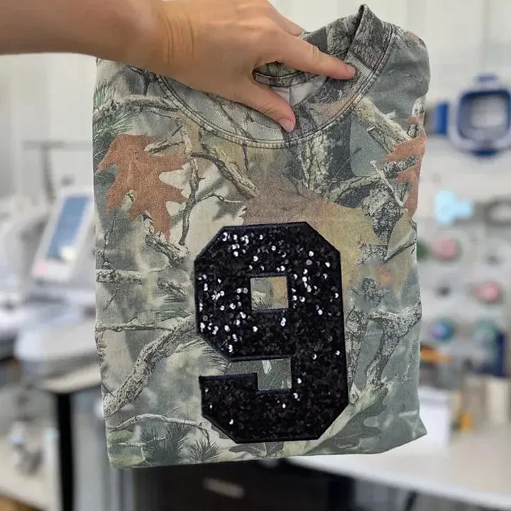 Custom Embroidered Sequin Number Camo T-shirt Sweatshirt and Hoodie