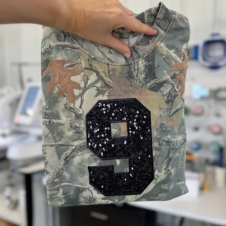 Custom Embroidered Sequin Number Camo T-shirt Sweatshirt and Hoodie