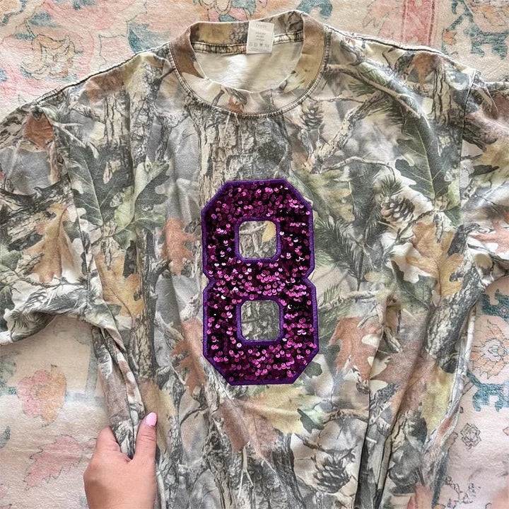 Custom Embroidered Sequin Number Camo T-shirt Sweatshirt and Hoodie