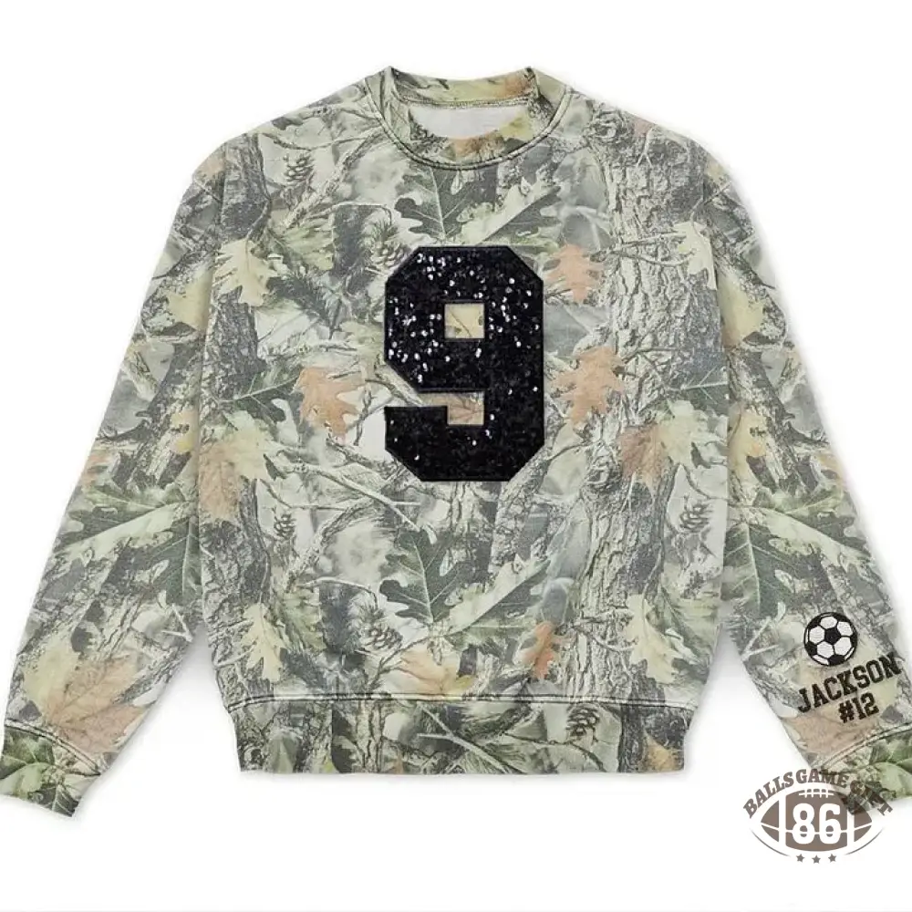 Custom Embroidered Sequin Number Camo T-shirt Sweatshirt and Hoodie