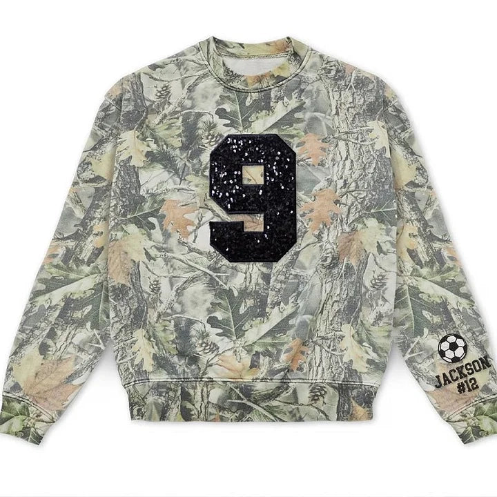 Custom Embroidered Sequin Number Camo T-shirt Sweatshirt and Hoodie