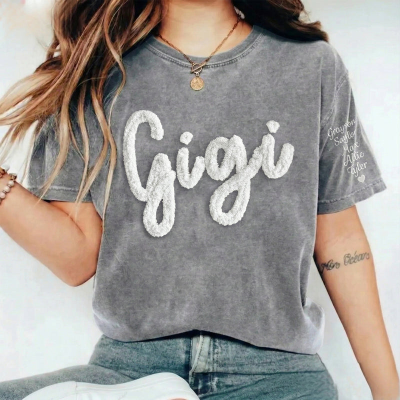 Custom College Chenille Team Name Embroidered Washed T-shirt Gifts for Sports Fans