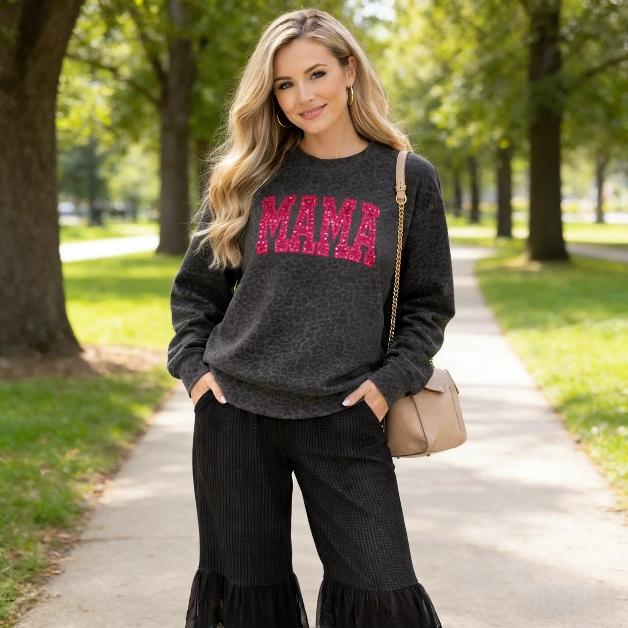 Custom Embroidered Leopard Mama Sweatshirt Sequin Name Personalized Mothers Day Gift for Mom