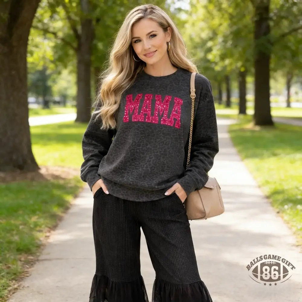 Custom Embroidered Leopard Mama Sweatshirt Sequin Name Personalized Mothers Day Gift for Mom