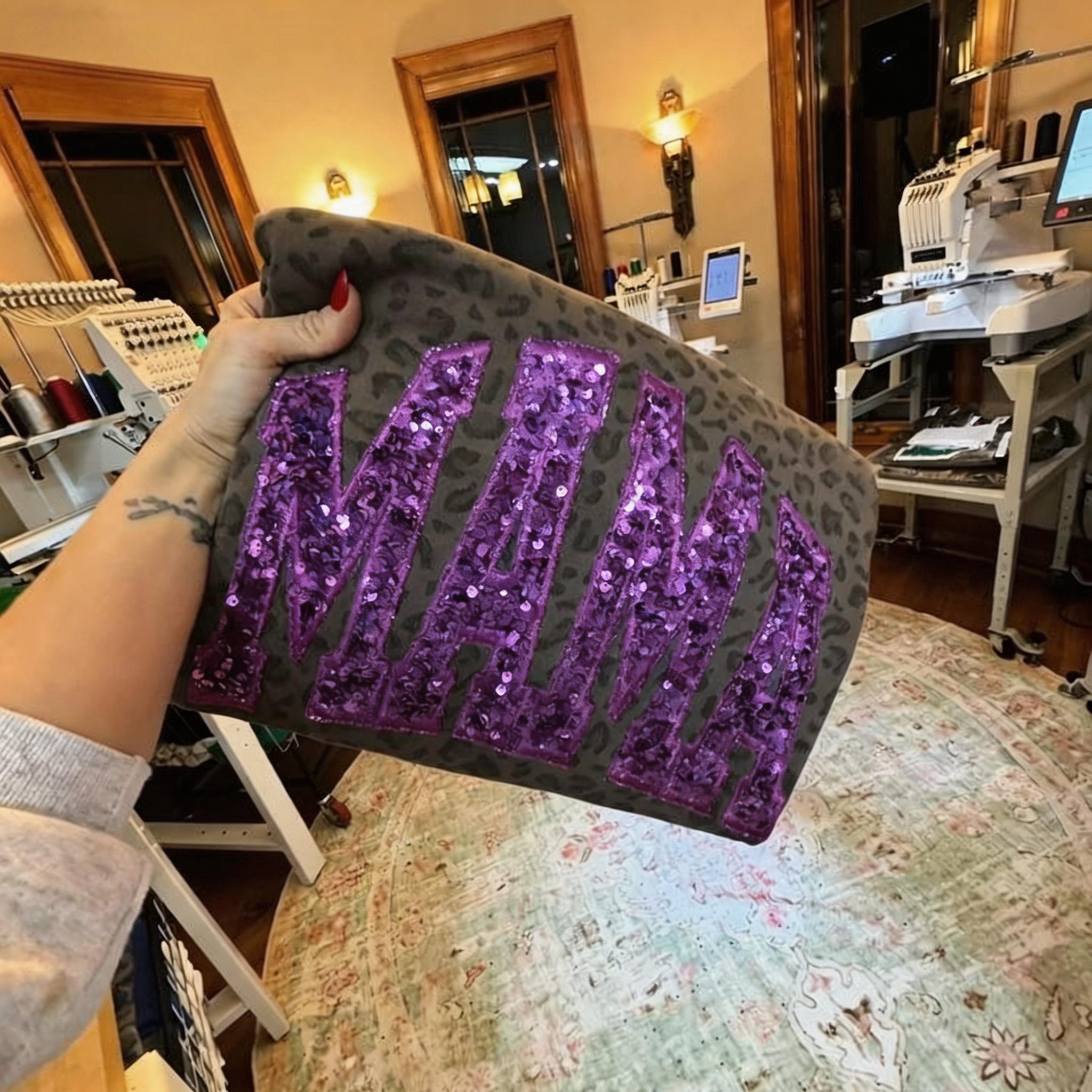 Custom Embroidered Leopard Mama Sweatshirt Sequin Name Personalized Mothers Day Gift for Mom