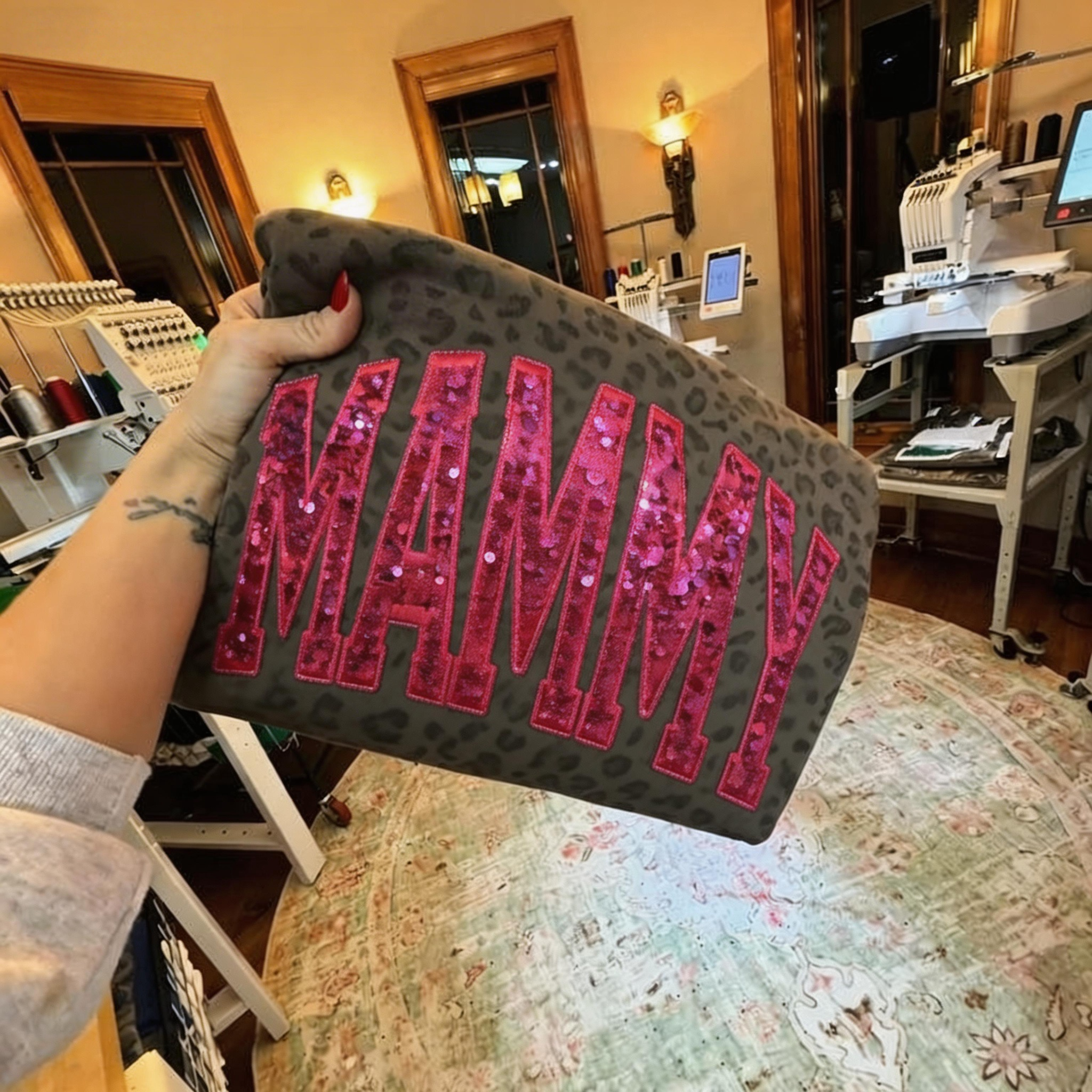 Custom Embroidered Leopard Mama Sweatshirt Sequin Name Personalized Mothers Day Gift for Mom