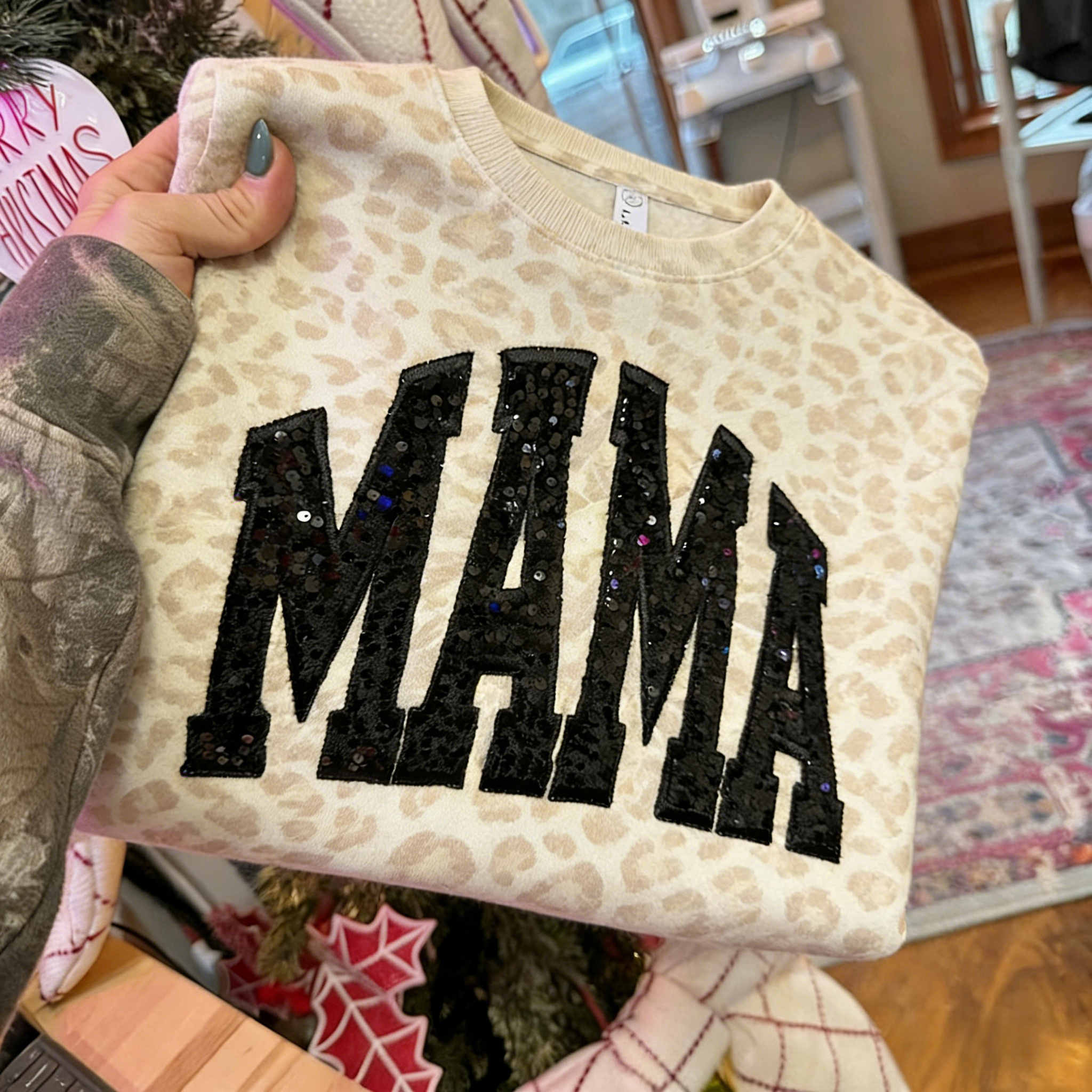 Custom Embroidered Leopard Mama Sweatshirt Sequin Name Personalized Mothers Day Gift for Mom