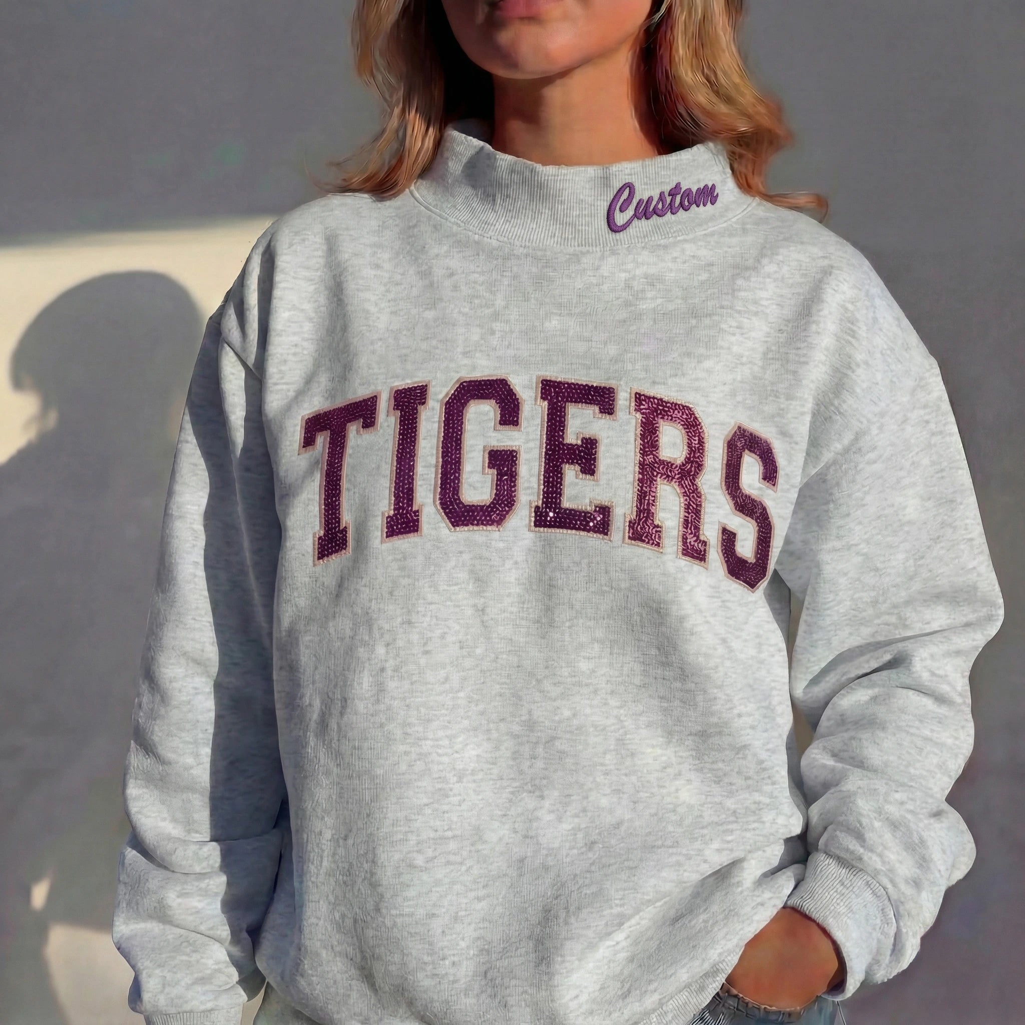 Custom Mock Neck Sequin Team Name Sweatshirt  Gifts for Sports Fans