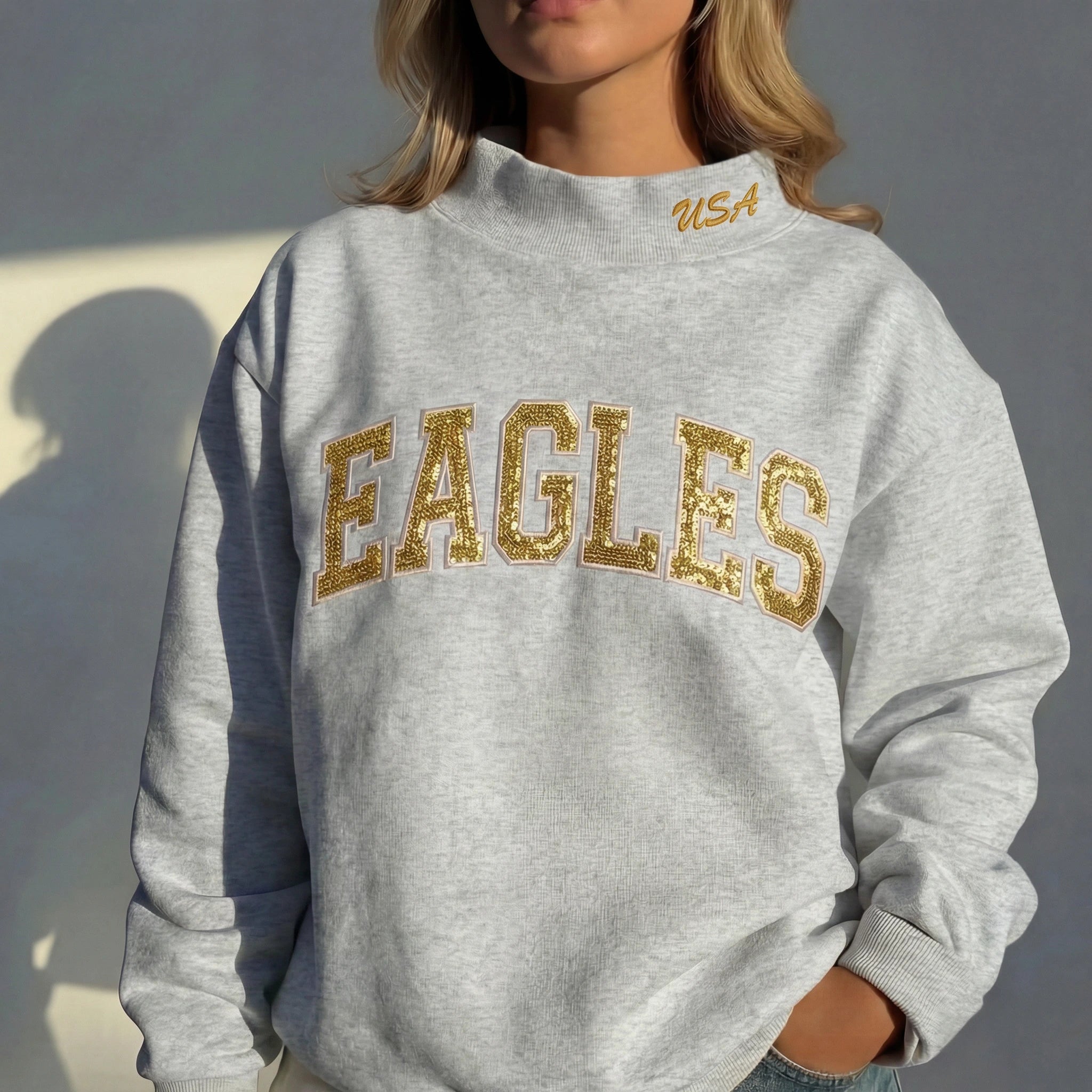 Custom Mock Neck Sequin Team Name Sweatshirt  Gifts for Sports Fans