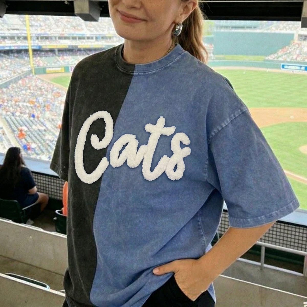 Custom College Chenille Team Name Embroidered Two Tone Washed T-shirt Gifts for Sports Fans