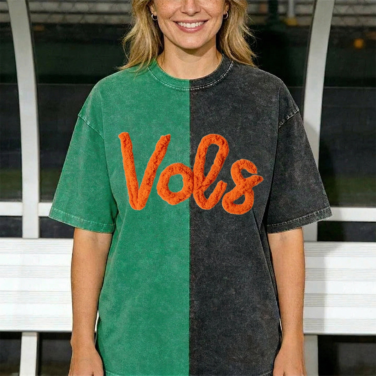 Custom College Chenille Team Name Embroidered Two Tone Washed T-shirt Gifts for Sports Fans