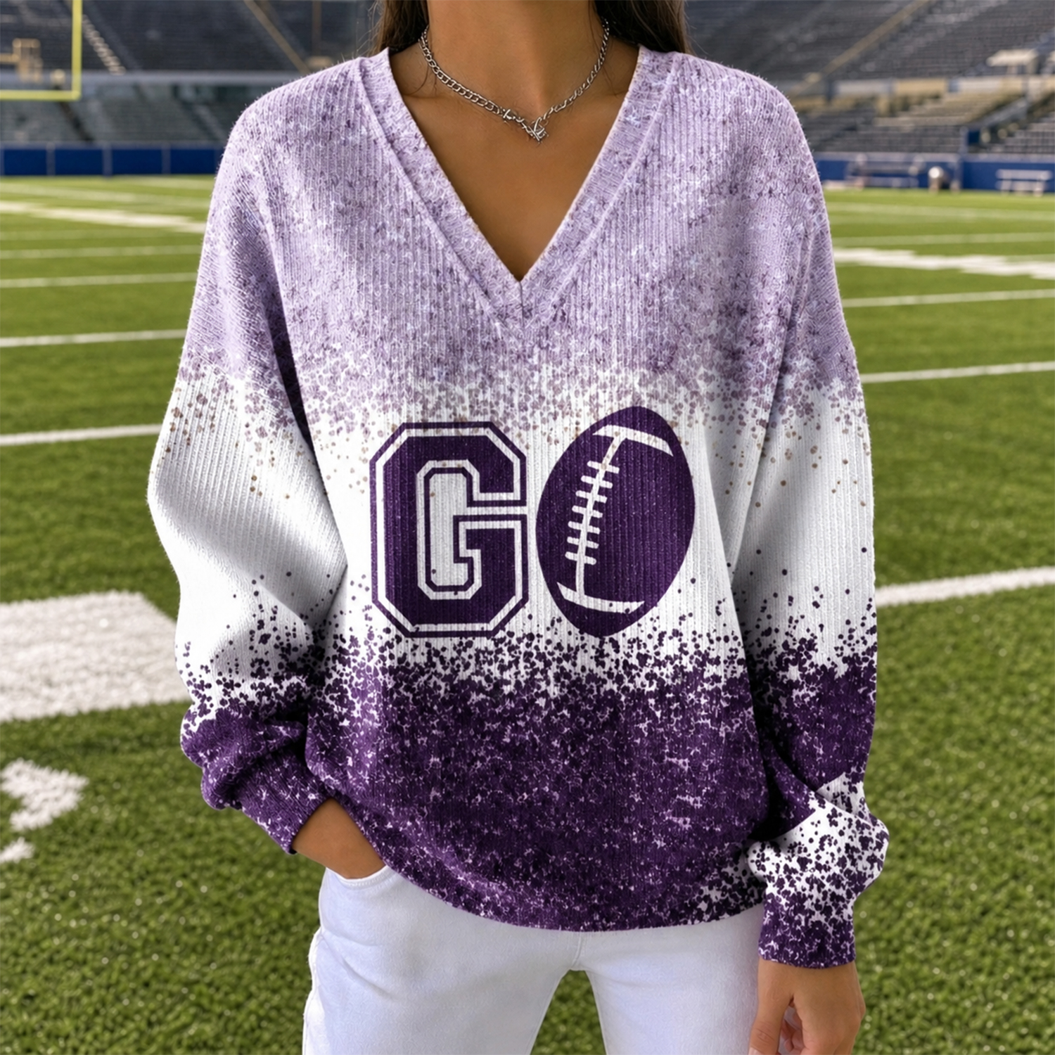Women's Thanksgiving Game Day Turkey Print Plaid Patchwork Sweatshirt, Relaxed Fit Fall Football Pullover