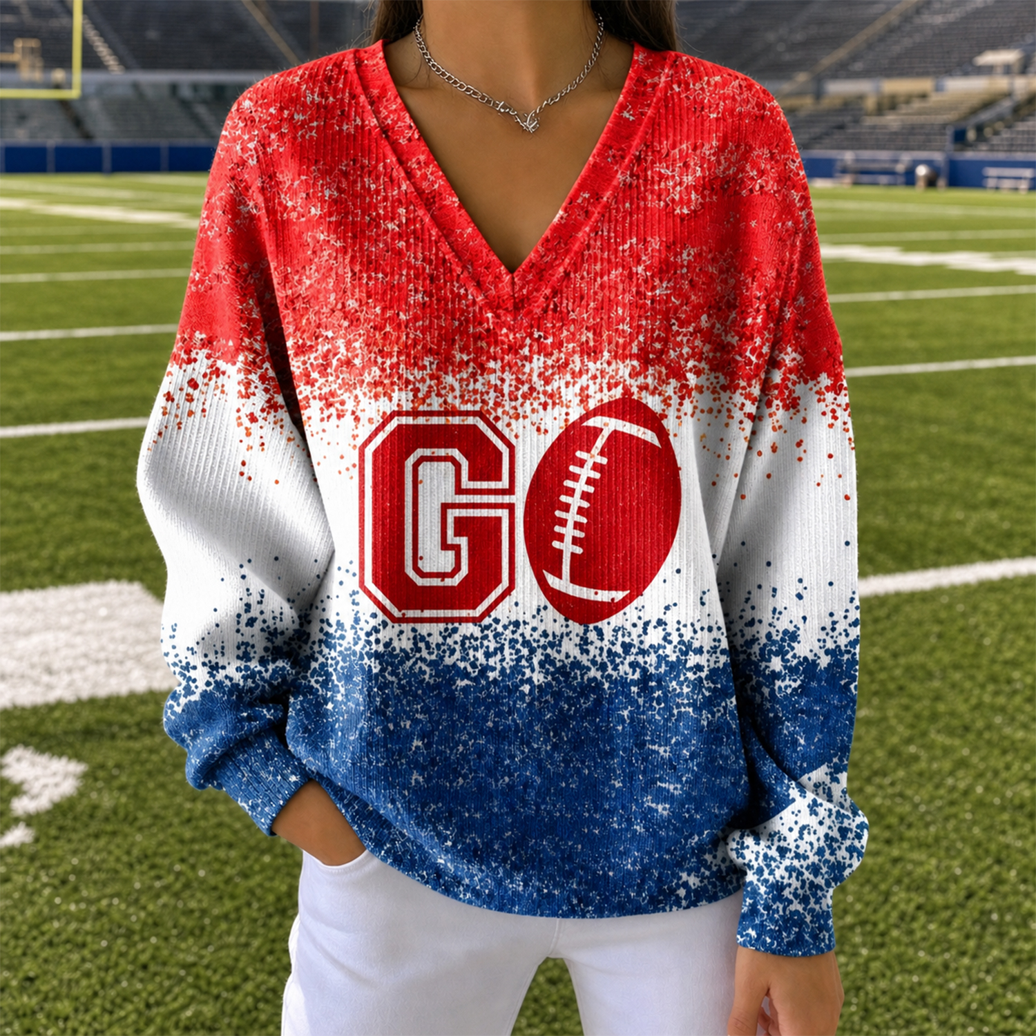 Women's Thanksgiving Game Day Turkey Print Plaid Patchwork Sweatshirt, Relaxed Fit Fall Football Pullover