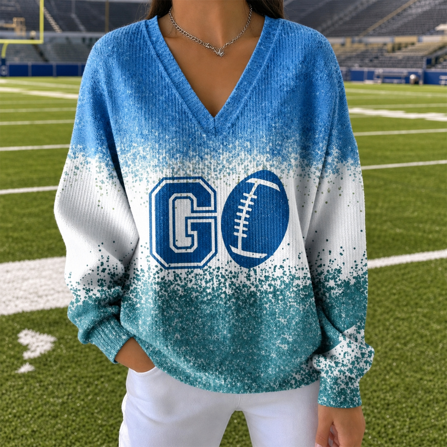 Women's Thanksgiving Game Day Turkey Print Plaid Patchwork Sweatshirt, Relaxed Fit Fall Football Pullover