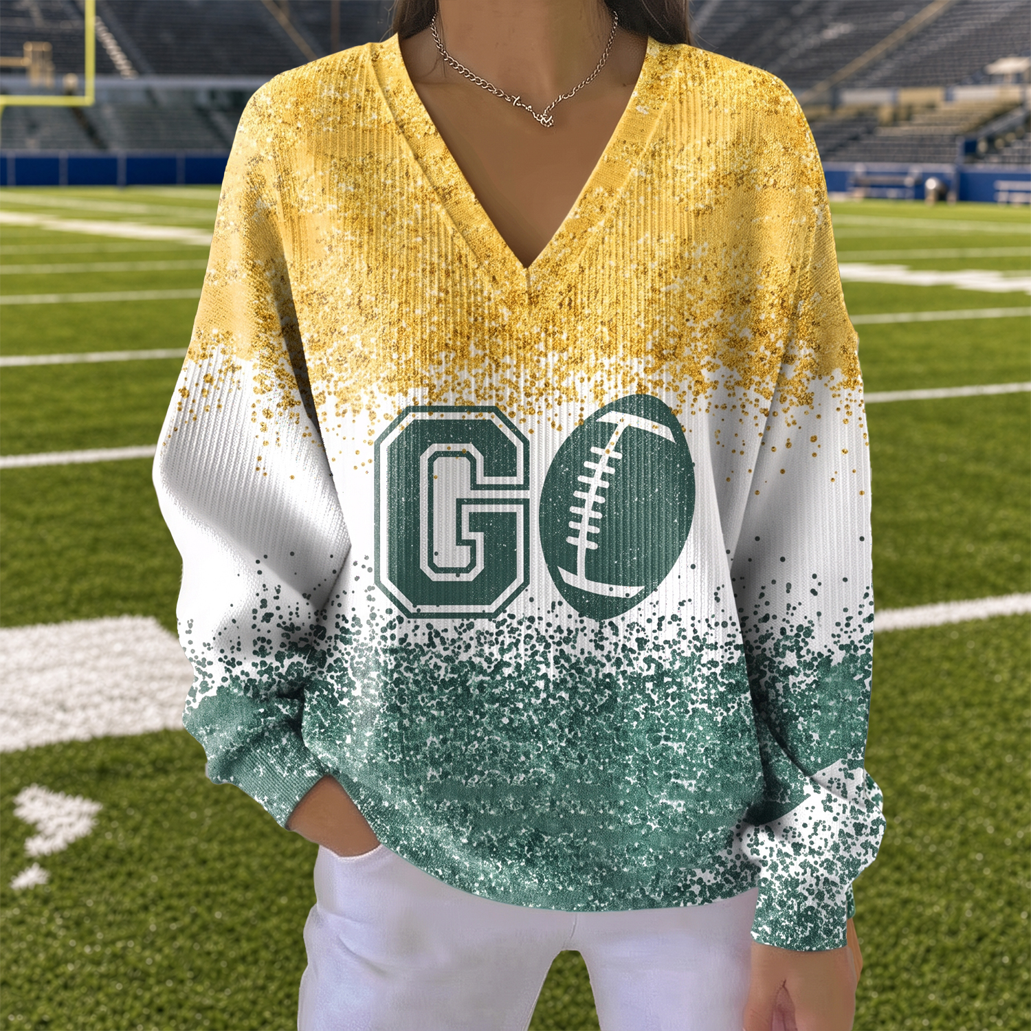Women's Thanksgiving Game Day Turkey Print Plaid Patchwork Sweatshirt, Relaxed Fit Fall Football Pullover