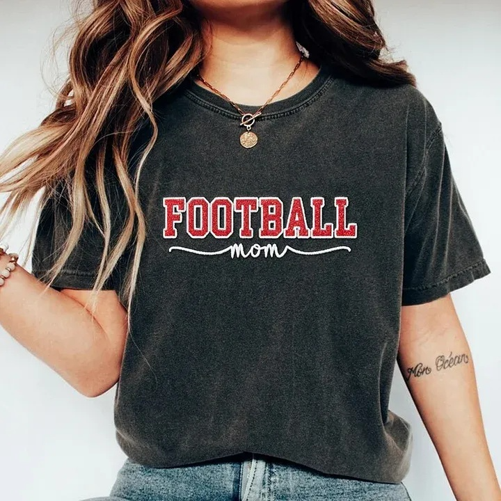Glitter Embroidered Football Mom Proud Sport Mom Washed T-Shirt