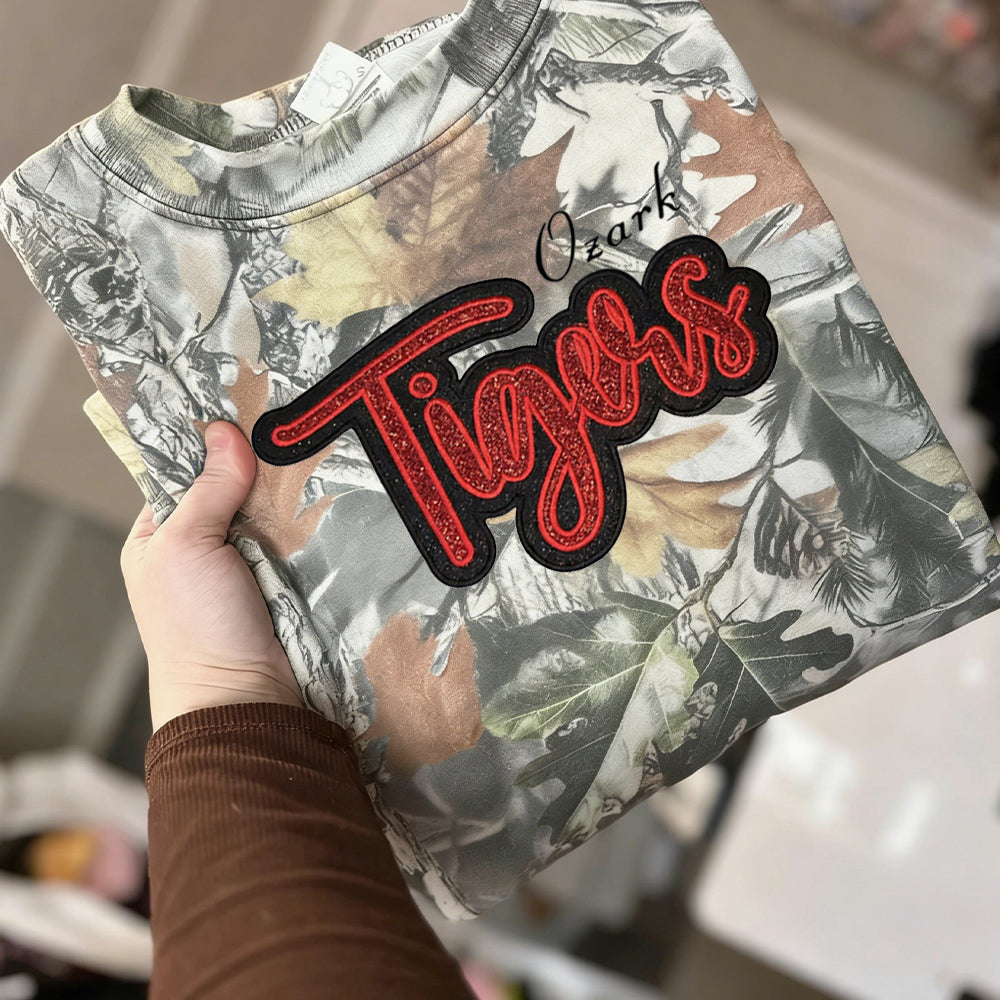 Custom Glitter Team Mascot Embroidered Camo Sweatshirt For Game Day Gifts for Sports Mom