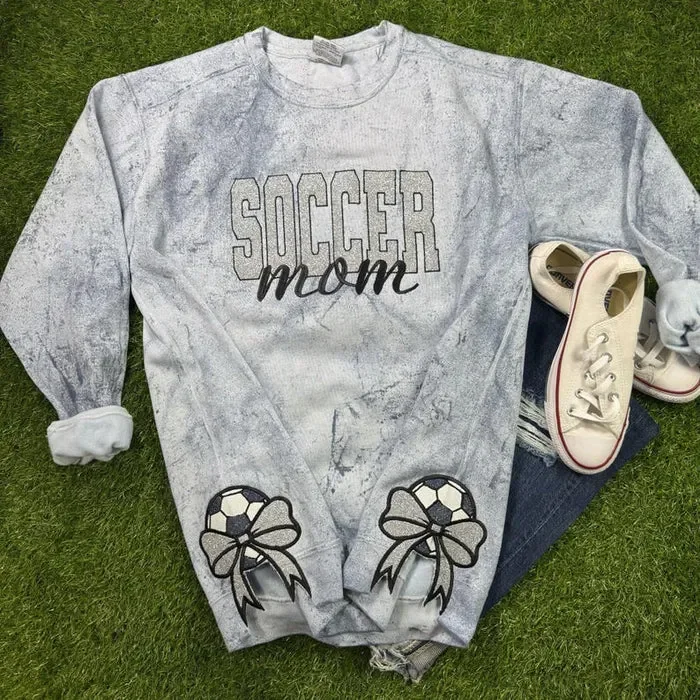 Soccer Bow Sport Mom Glitter Embroidery T-Shirt , Sweatshirt