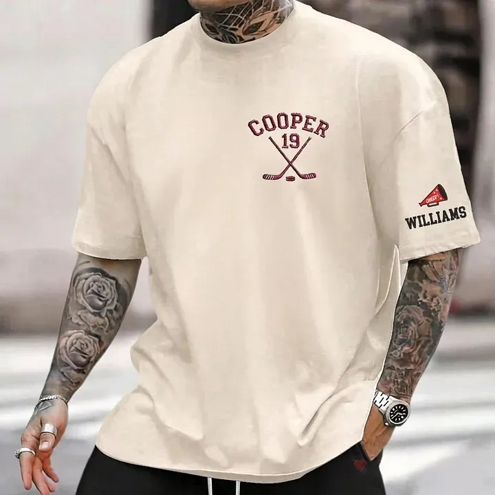 Personalized Custom Embroidered Hockey Washed T-Shirt with Side Crossed Hockey Sticks