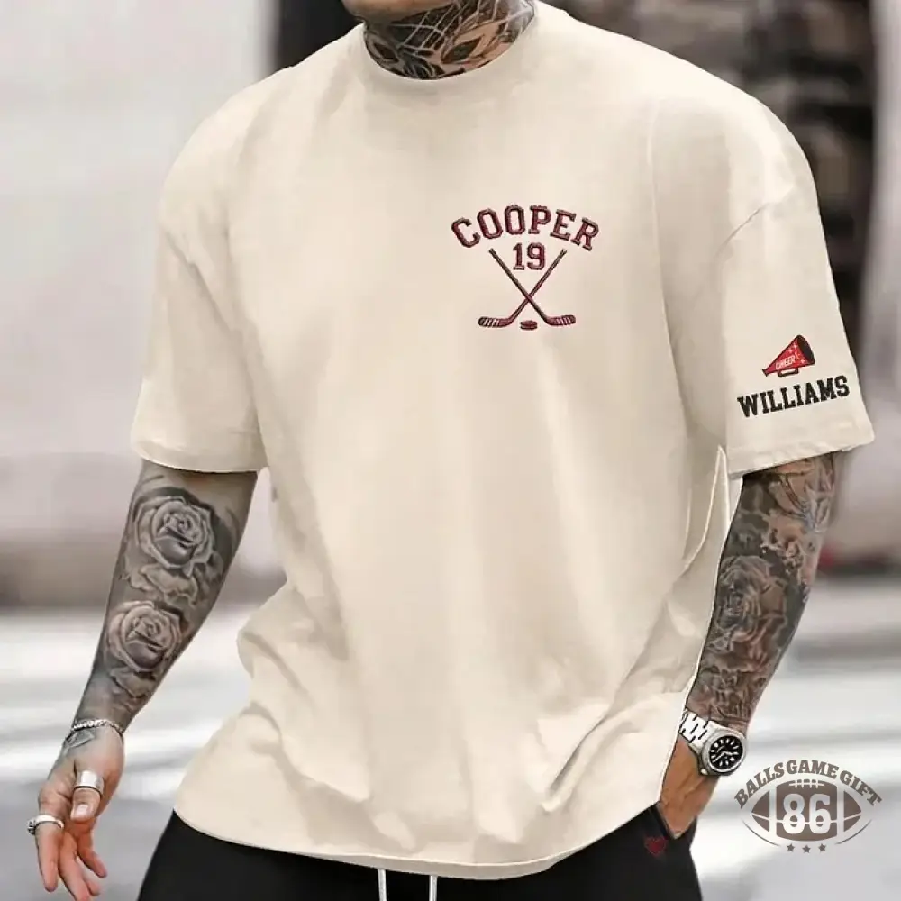 Personalized Custom Embroidered Hockey Washed T-Shirt with Side Crossed Hockey Sticks
