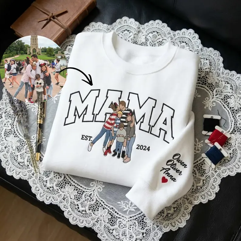 Custom Mama Sweatshirt, Embroidered Kids Portrait Crewneck, Unique Mother's Day Gift Keepsake Gift