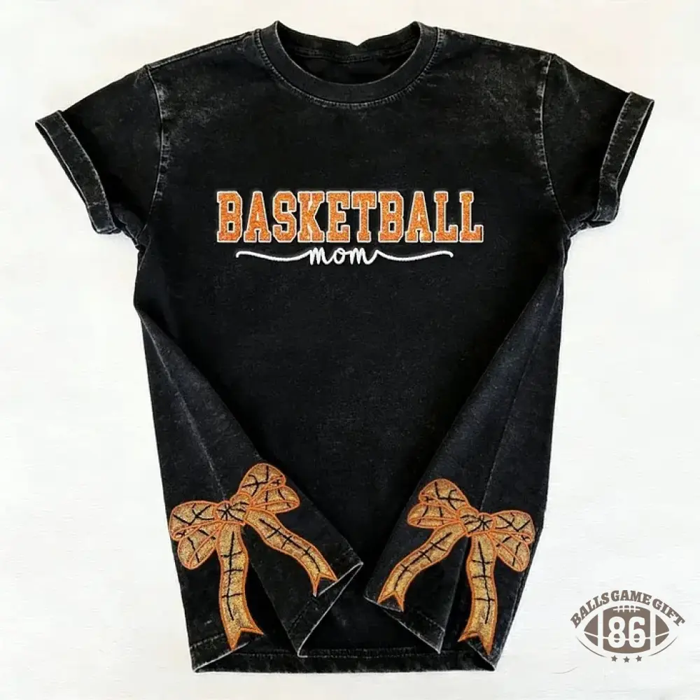 Basketball Mom Side Bow Washed T-shirt with Glitter Embroidered Coquette shirt