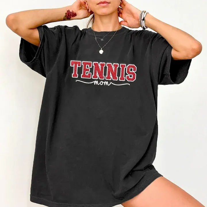 Embroidered Tennis Mom Dad Washed T-Shirt with Glitter Side Bow Vintage T-shirt