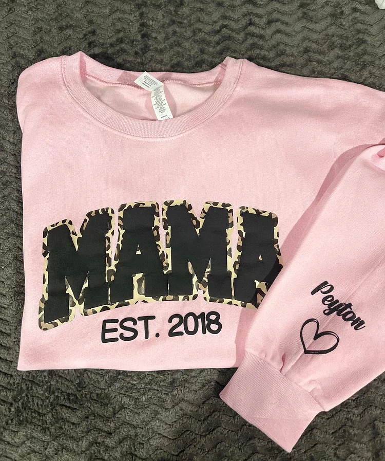 Mama Leopard Puff Print Personalized Sweatshirt or Hoodie with Kids Name Sleeve Gift for Mom